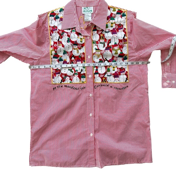 Quacker Factory Red Striped Button Up Shirt Snowmen Embellish Winter Size: M - Picture 3 of 8